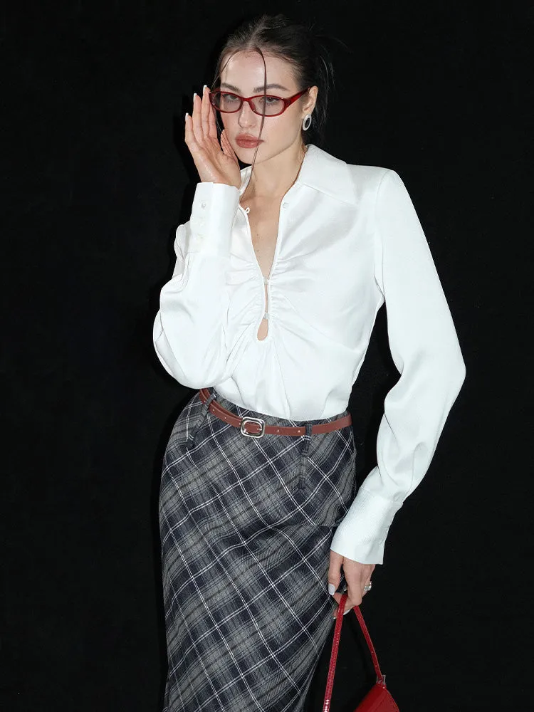 Satin Cutout Shoulder Pads Shirt