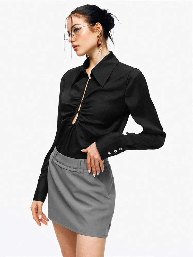 Satin Cutout Shoulder Pads Shirt