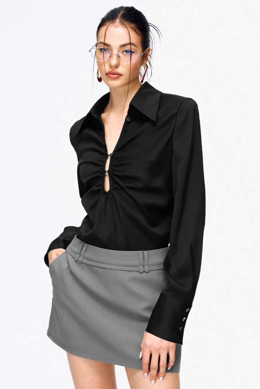 Satin Cutout Shoulder Pads Shirt