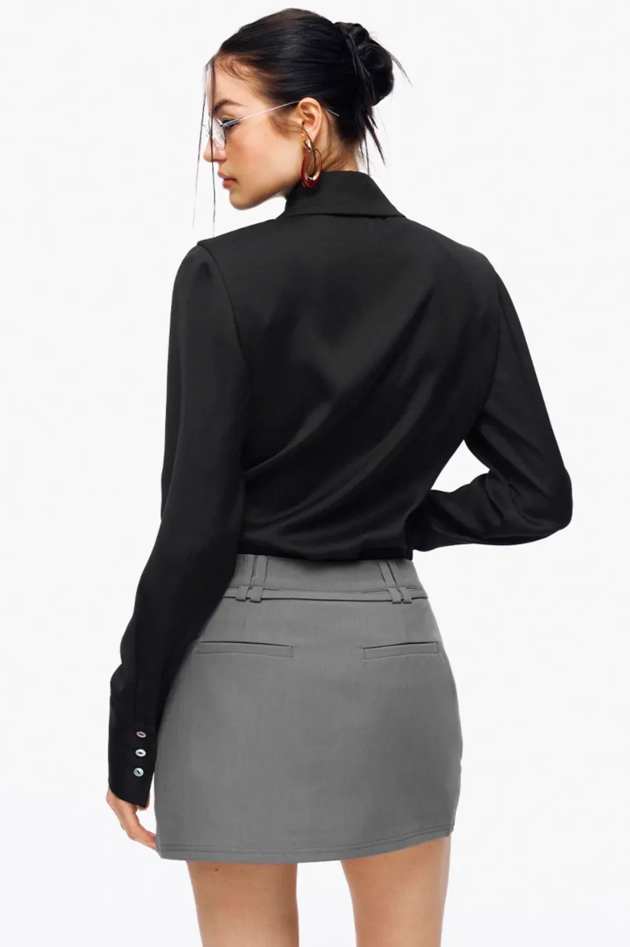 Satin Cutout Shoulder Pads Shirt