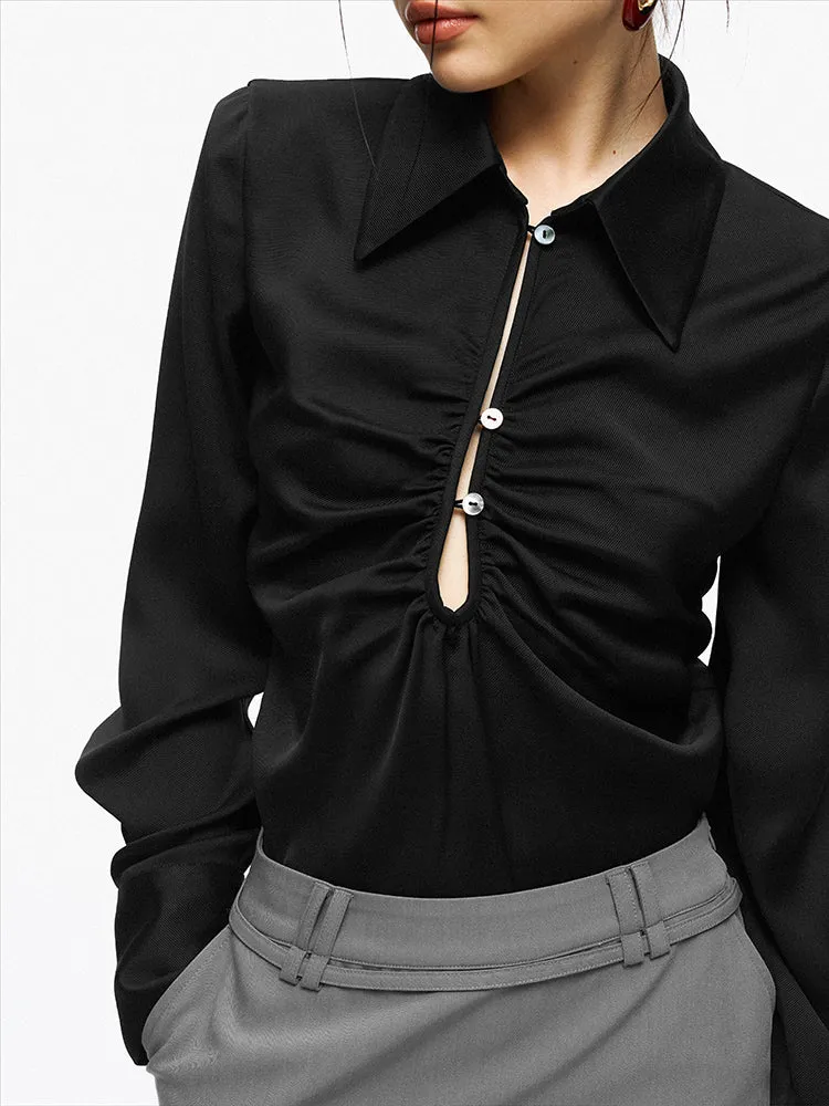 Satin Cutout Shoulder Pads Shirt