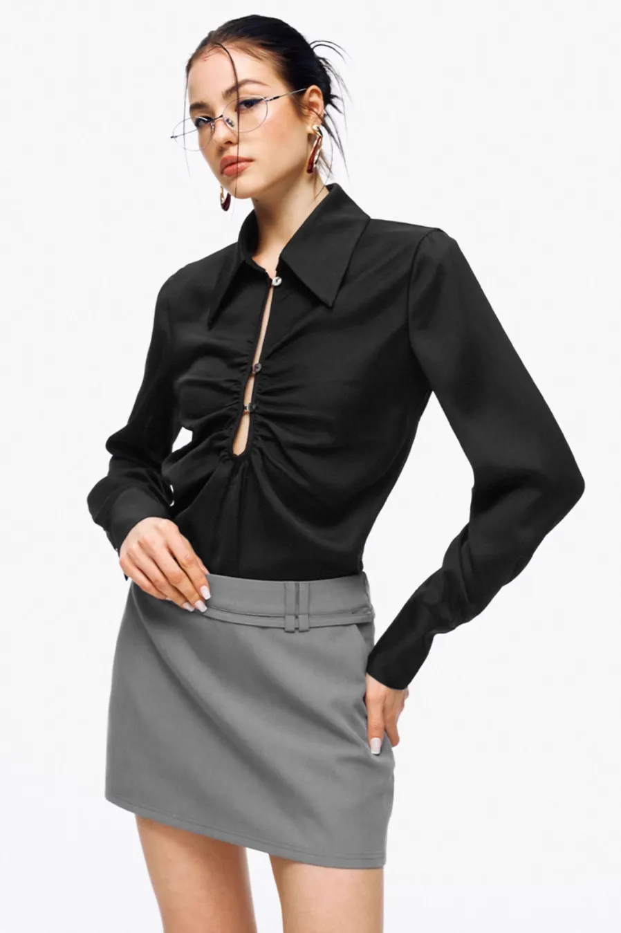 Satin Cutout Shoulder Pads Shirt