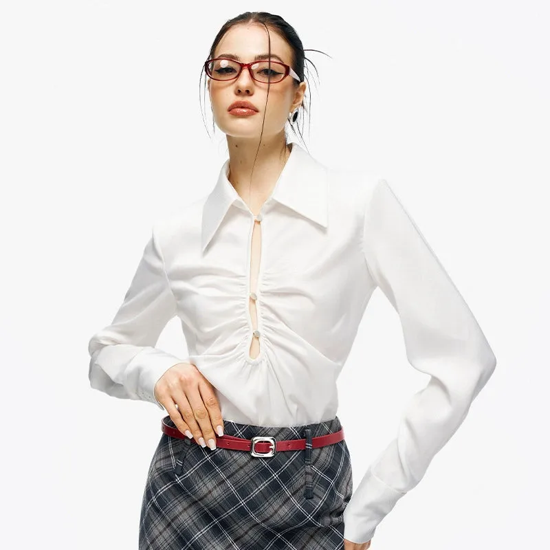 Satin Cutout Shoulder Pads Shirt