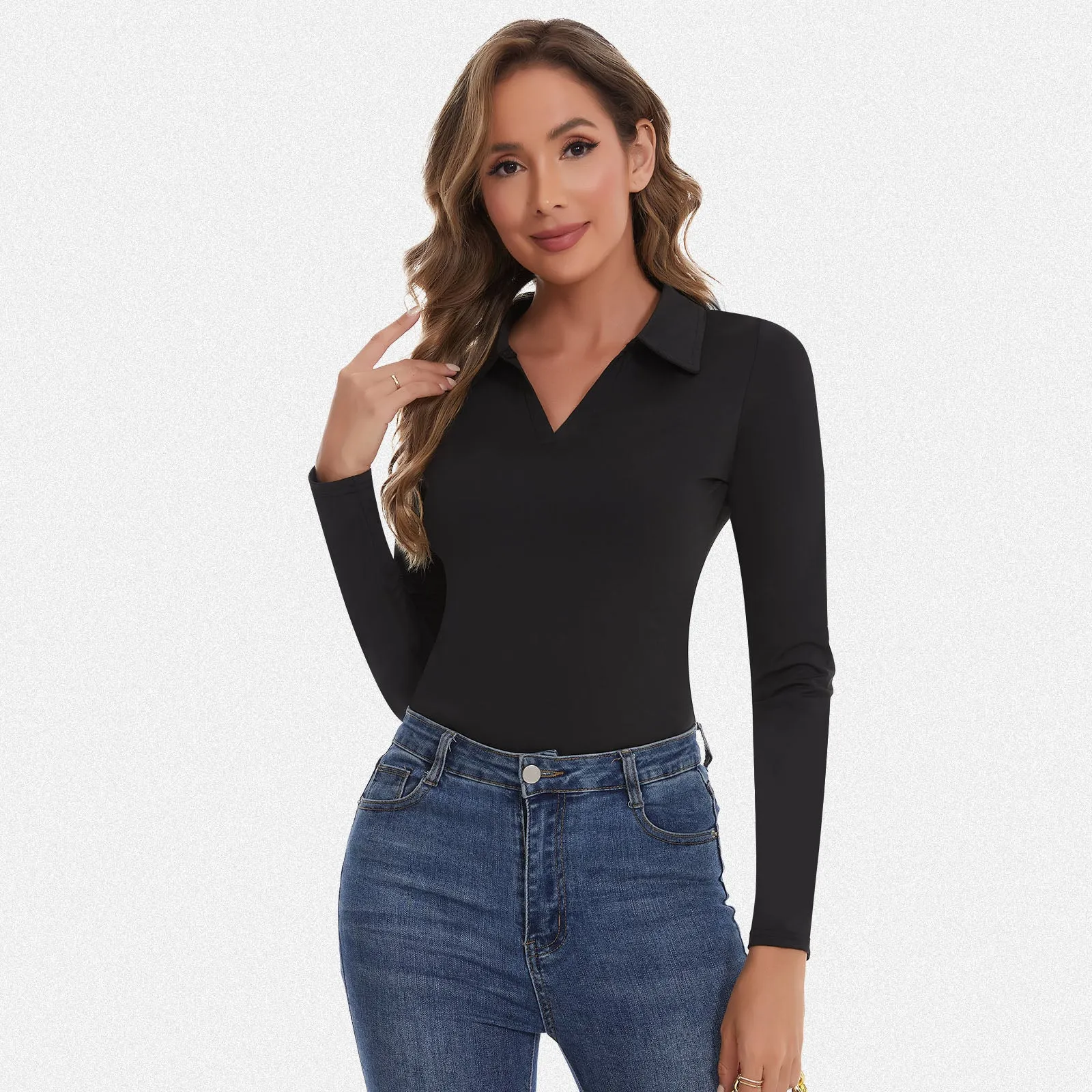 Shaperin Long Sleeve Golf Polo Shirt Collared V Neck Top