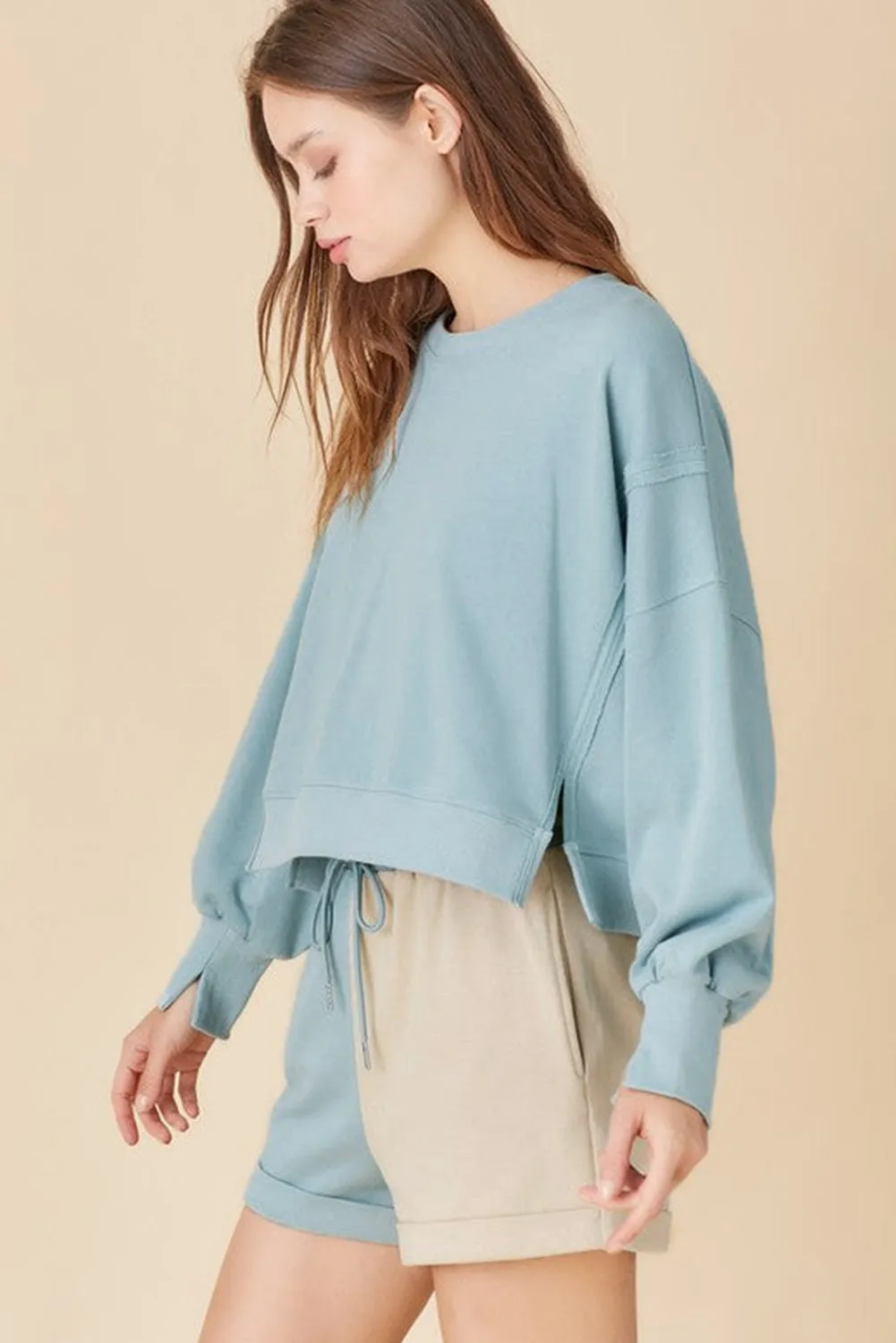 Sky Blue Split Hem Sweatshirt Color Block Shorts Set