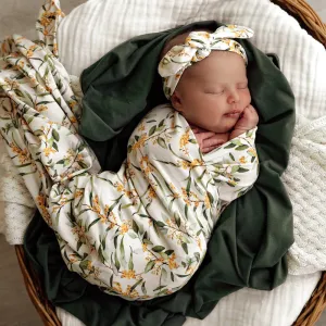 Snuggle Hunny Baby Jersey Wrap & Topknot Set - Golden Wattle
