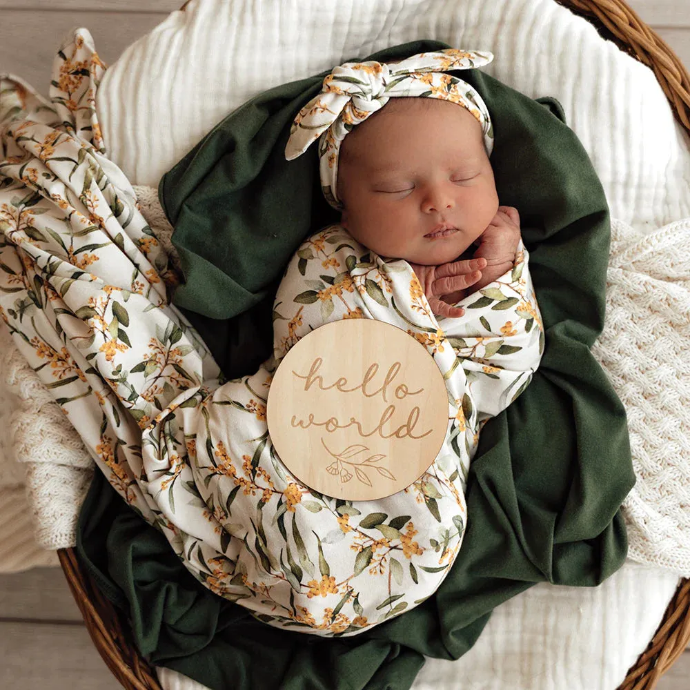 Snuggle Hunny Baby Jersey Wrap & Topknot Set - Golden Wattle