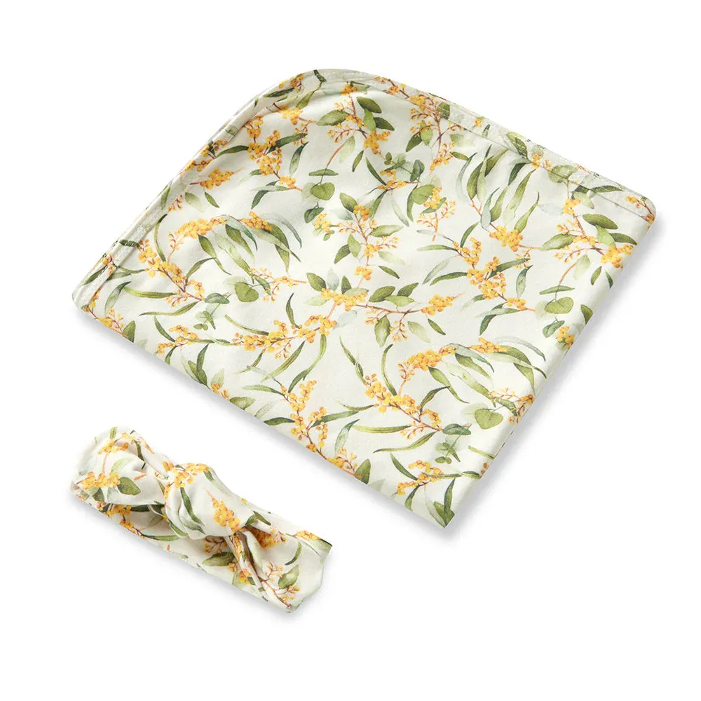 Snuggle Hunny Baby Jersey Wrap & Topknot Set - Golden Wattle