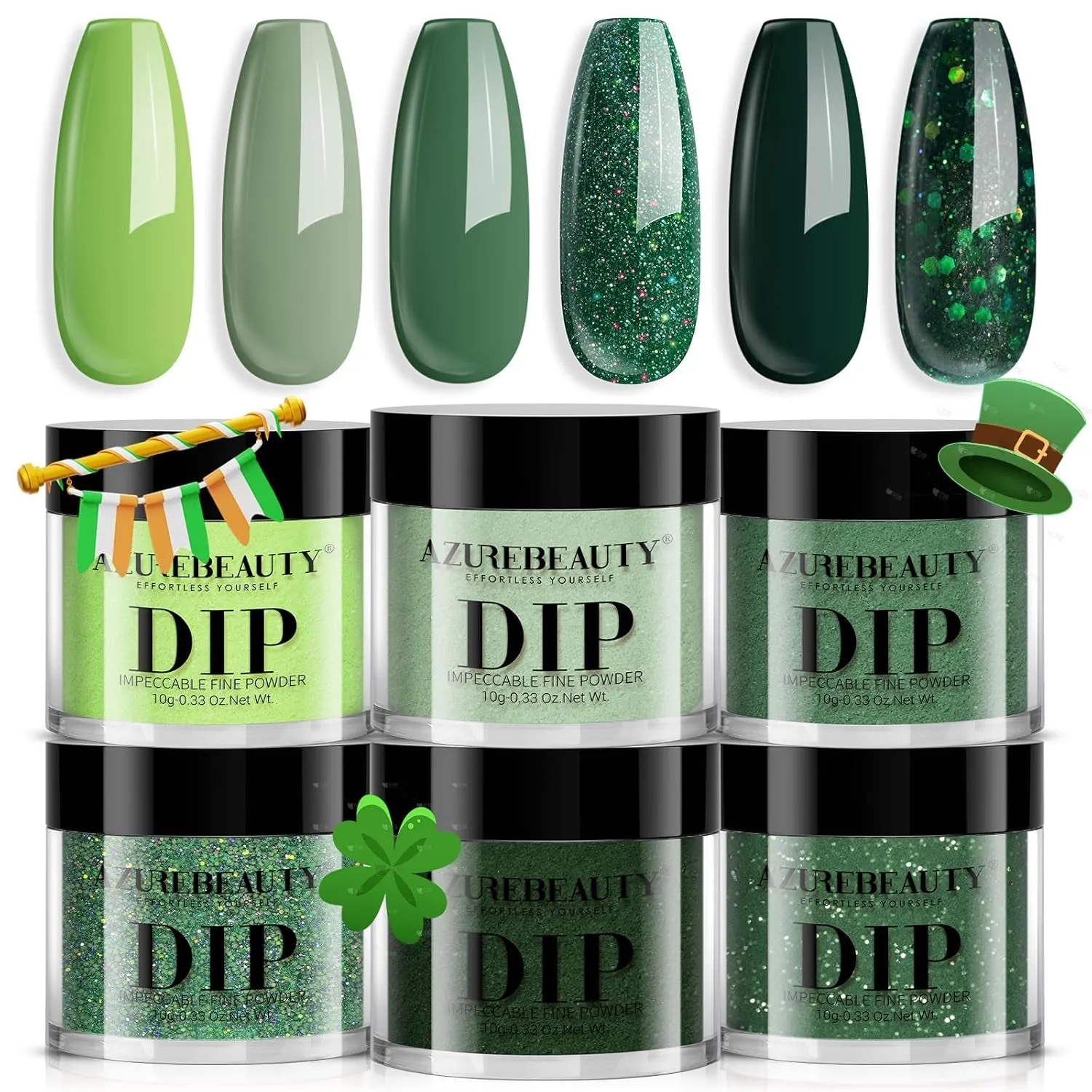 St. Patrick'S Evergreen Dip Powder Nail Kit, 6 Colors Glitter Green Sparkle Forest Dark,Dipping Powder Color French Nail Art Manicure DIY Salon Gifts for Women, No Need Nail Lamp Cured