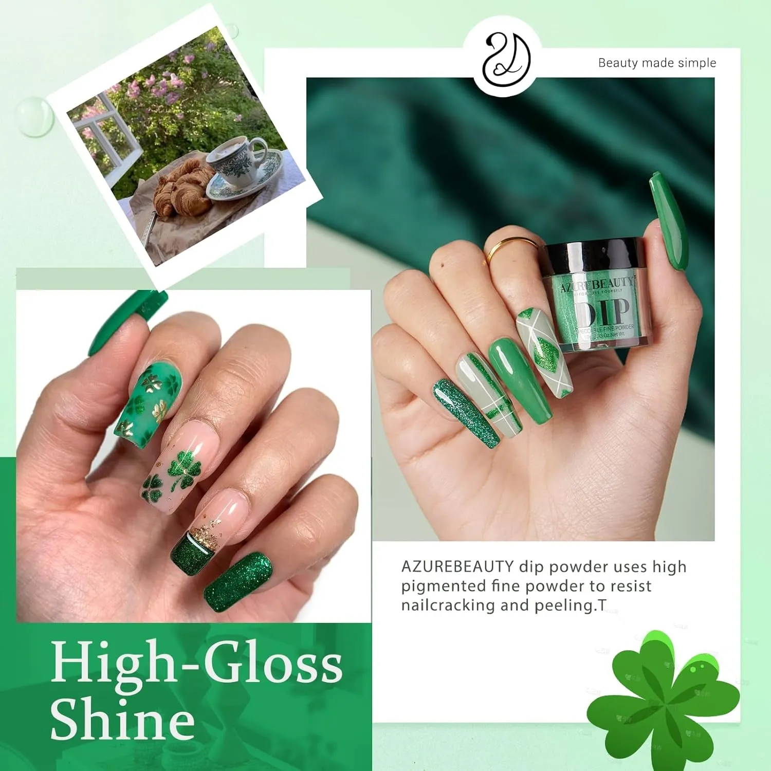 St. Patrick'S Evergreen Dip Powder Nail Kit, 6 Colors Glitter Green Sparkle Forest Dark,Dipping Powder Color French Nail Art Manicure DIY Salon Gifts for Women, No Need Nail Lamp Cured