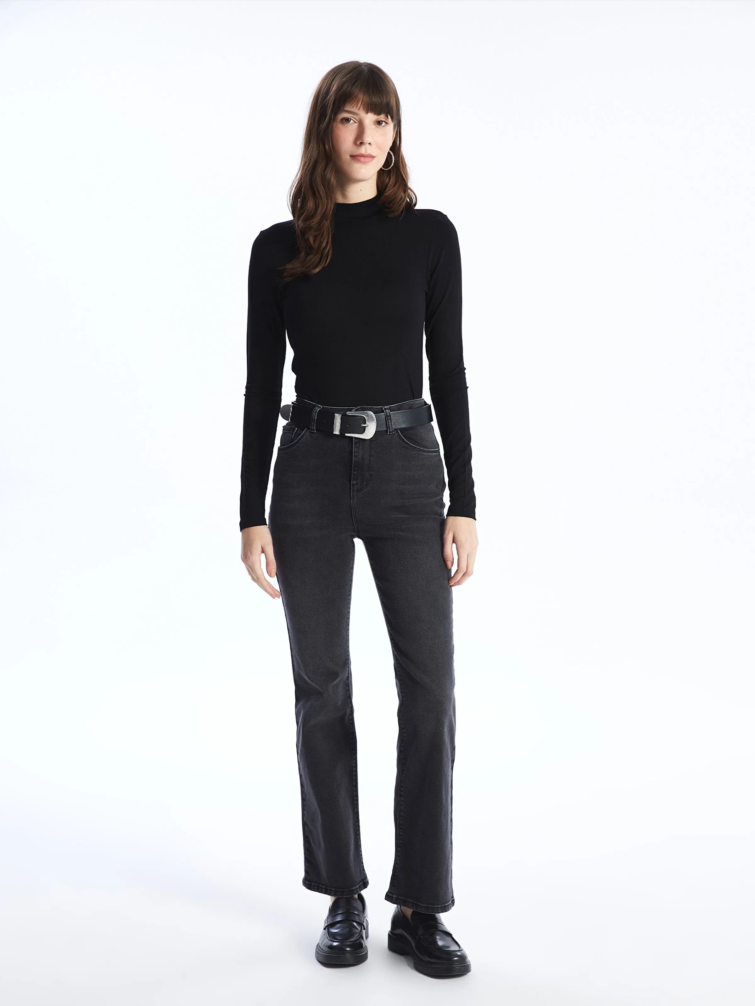 Stand Collar Plain Long Sleeve Women T-Shirt