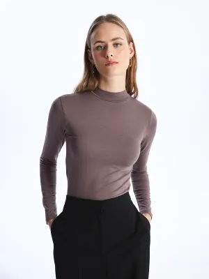 Stand Collar Plain Long Sleeve Women T-Shirt