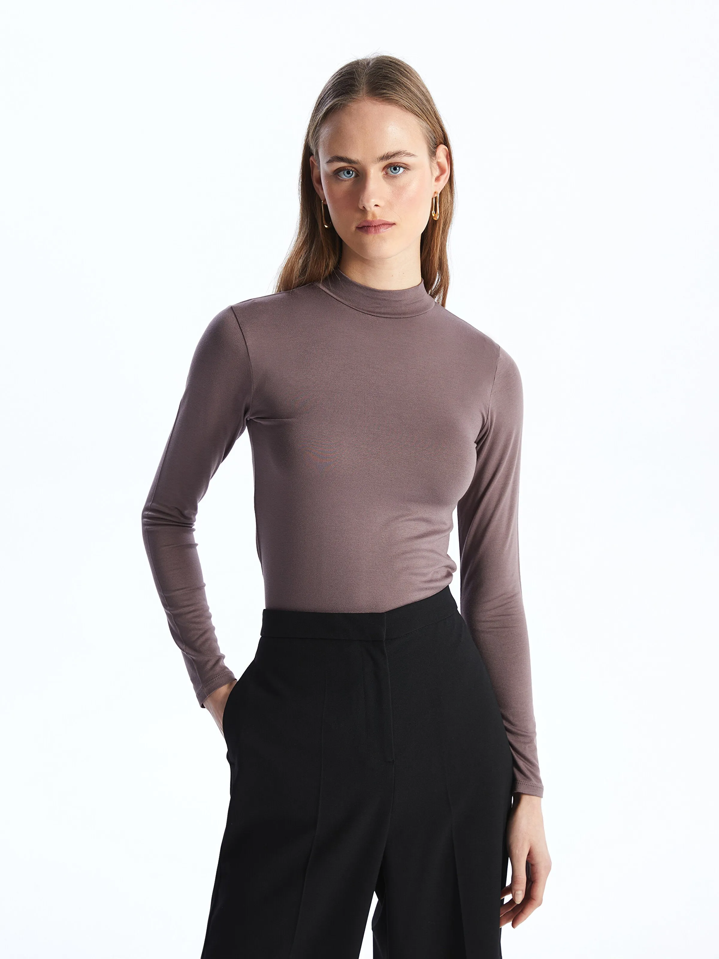Stand Collar Plain Long Sleeve Women T-Shirt