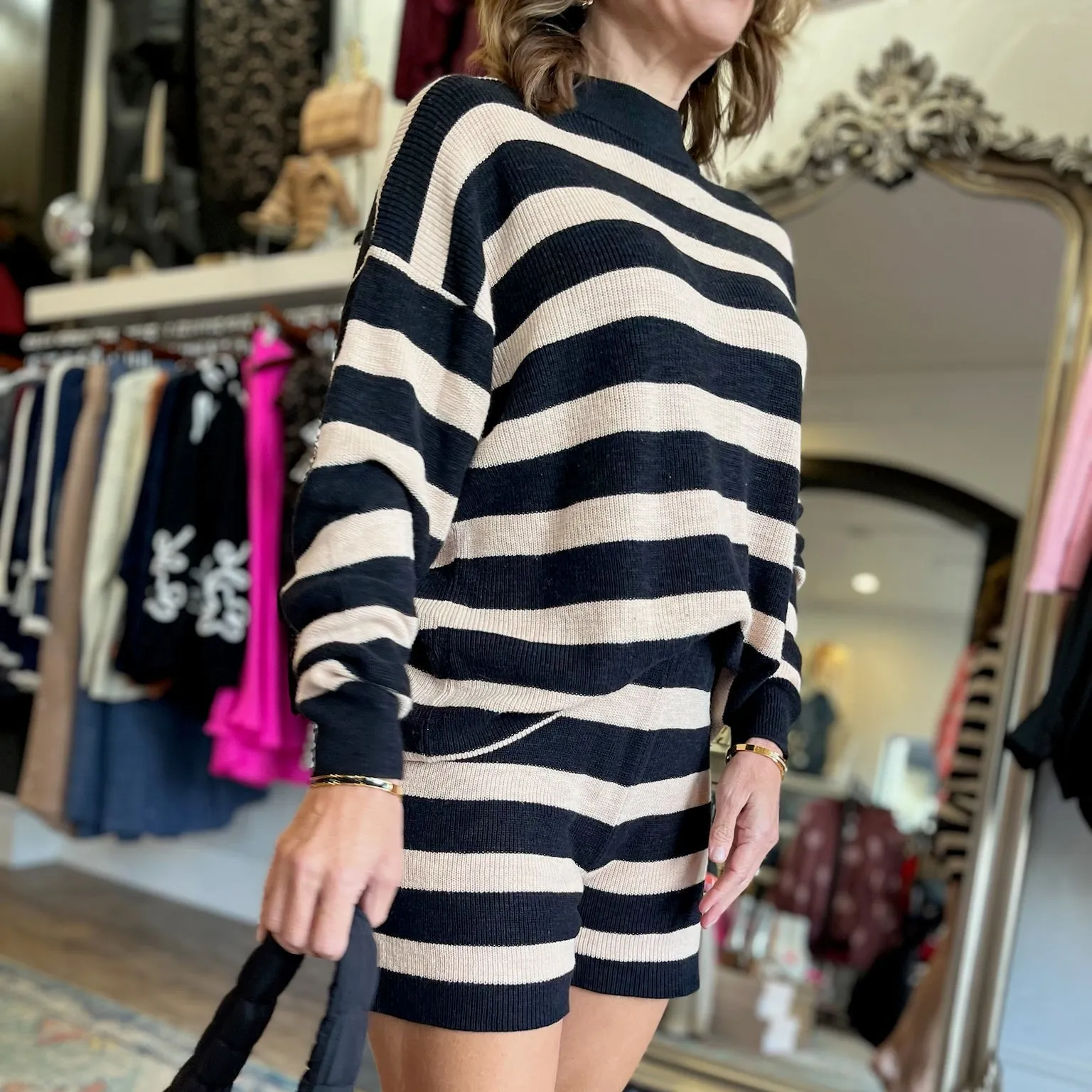 Sweet Divine Knit Striped Sweater Shorts and Pullover Set