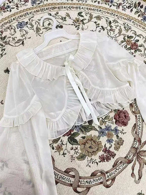Sweet Ecru White Long Sleeves Ruffles