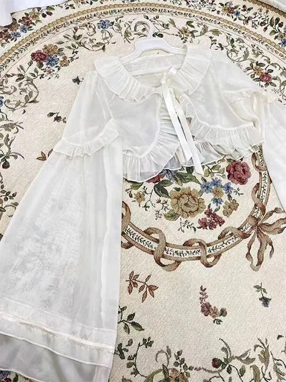 Sweet Ecru White Long Sleeves Ruffles