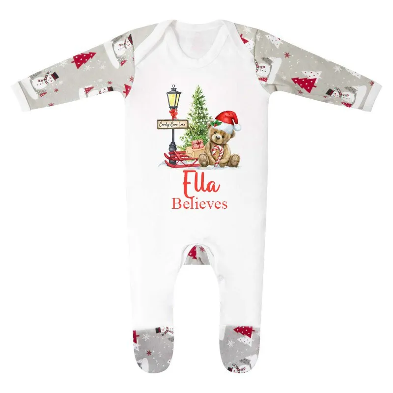 Teddy design Personalised Christmas Print Sleepsuit