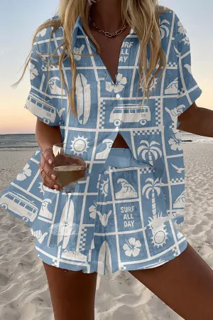 Travel Plaid Print Loose Button Elastic Waist Shorts Set
