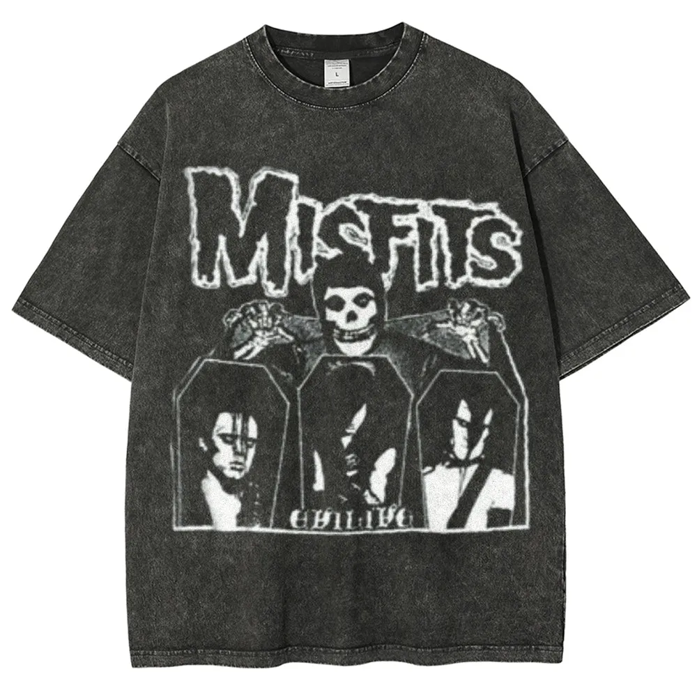 Unisex Vintage The Misfits Rock Band Print Short Sleeve Casual Graphic Washed T-shirt