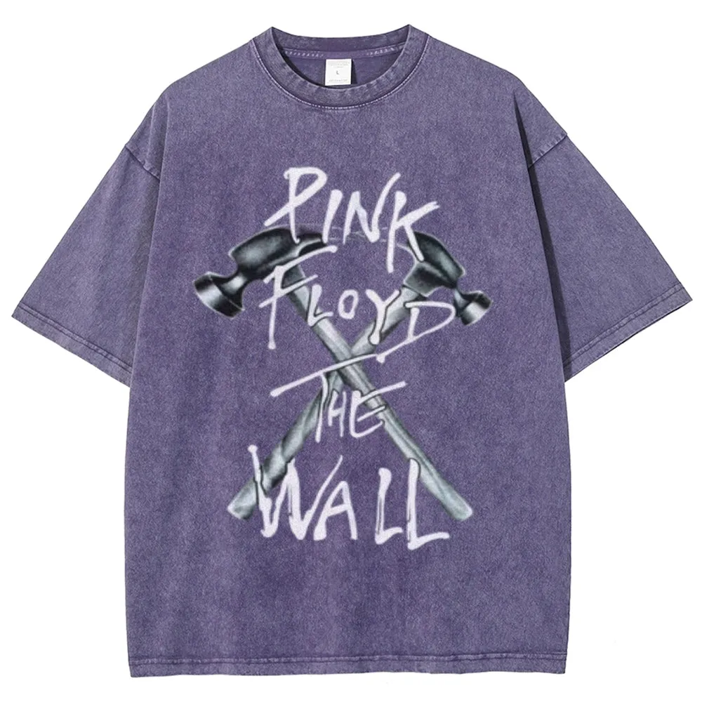 Unisex Vintage The Pink Rock Band Print Short Sleeve Casual Graphic Washed T-shirt