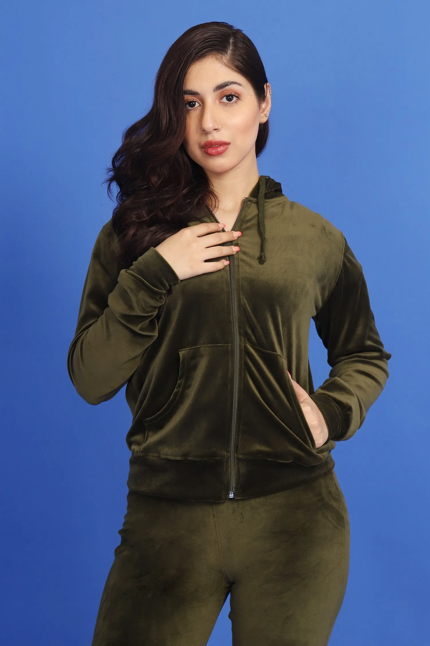 VELVET LUXE HOODED SET-OLIVE