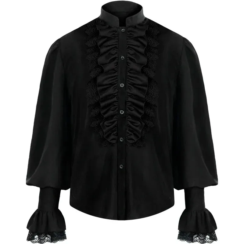 Victorian Renaissance Ruffled Gothic Steampunk Shirt – Stand Collar Single-Breasted Design