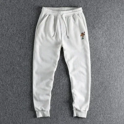 Waffle Embroidery Sweatpants - Men's Fashion Pure Cotton Loose Elastic Waist Drawstring Sport Casual Pants