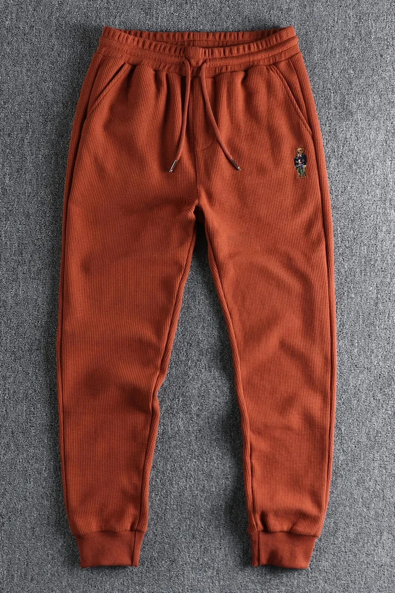 Waffle Embroidery Sweatpants - Men's Fashion Pure Cotton Loose Elastic Waist Drawstring Sport Casual Pants