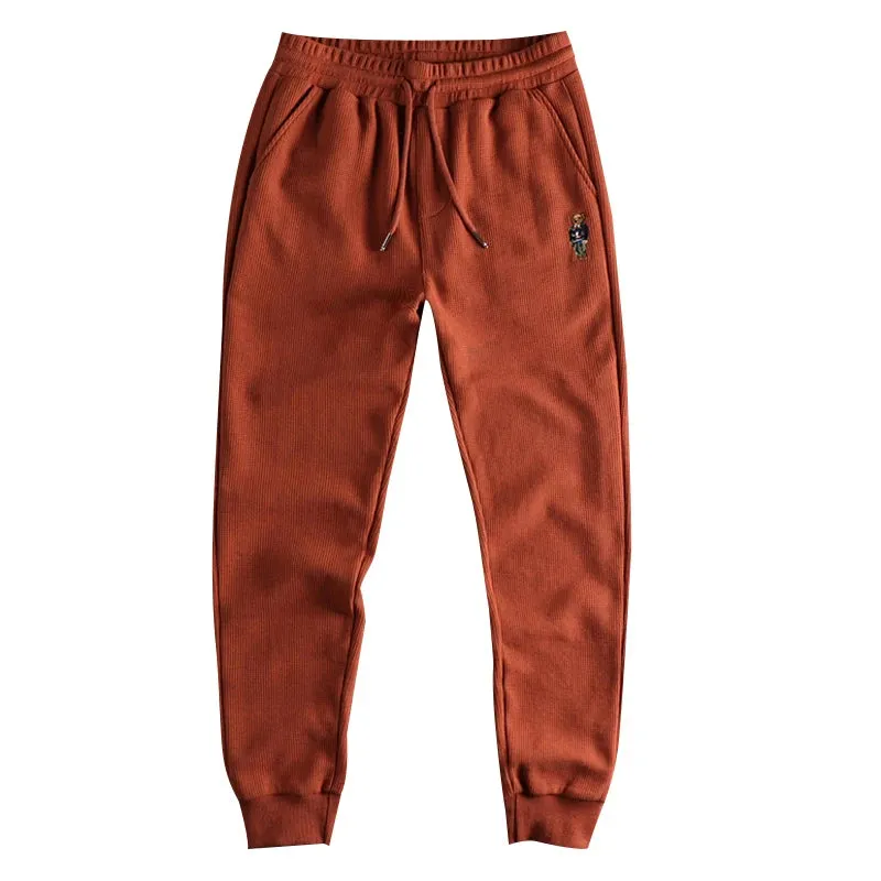 Waffle Embroidery Sweatpants - Men's Fashion Pure Cotton Loose Elastic Waist Drawstring Sport Casual Pants