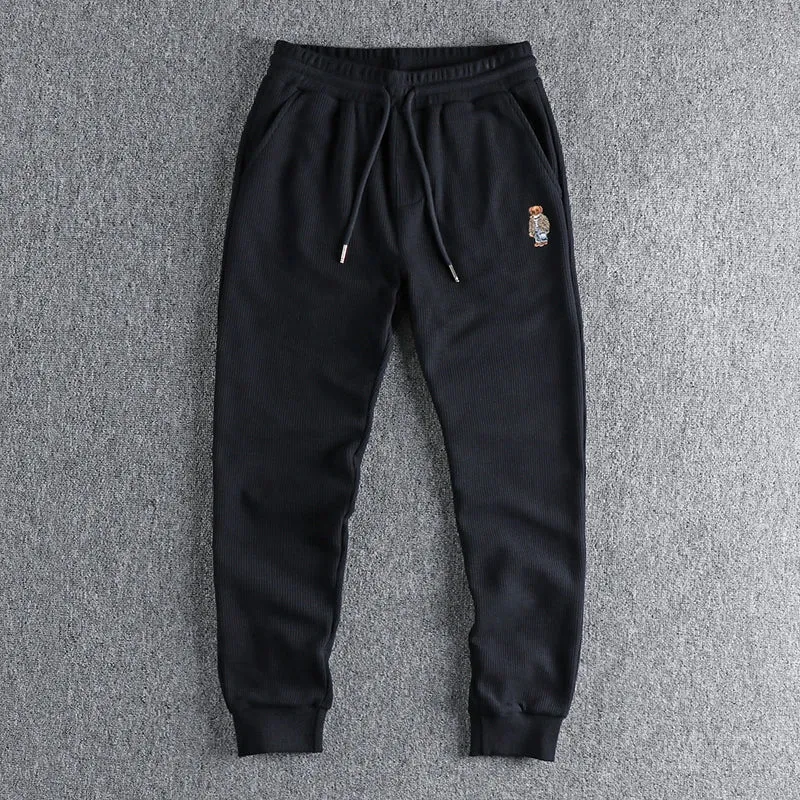 Waffle Embroidery Sweatpants - Men's Fashion Pure Cotton Loose Elastic Waist Drawstring Sport Casual Pants