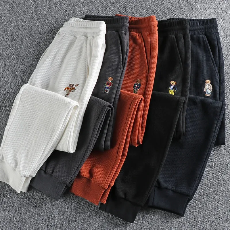 Waffle Embroidery Sweatpants - Men's Fashion Pure Cotton Loose Elastic Waist Drawstring Sport Casual Pants