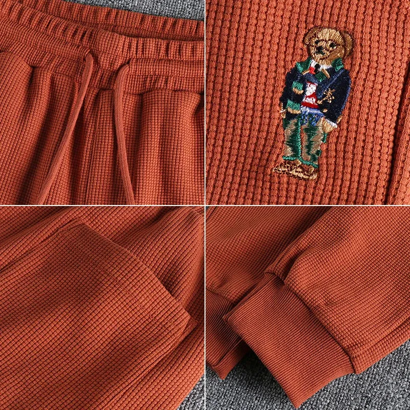 Waffle Embroidery Sweatpants - Men's Fashion Pure Cotton Loose Elastic Waist Drawstring Sport Casual Pants