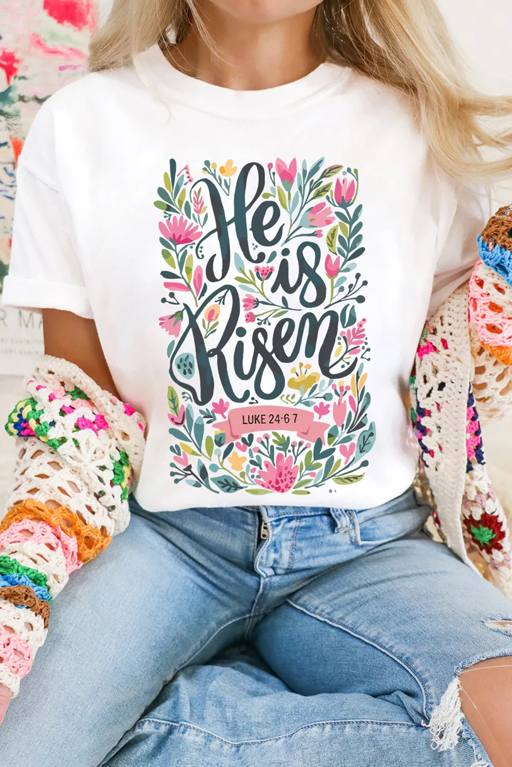 White He is Risen Floral Printed T Shirt