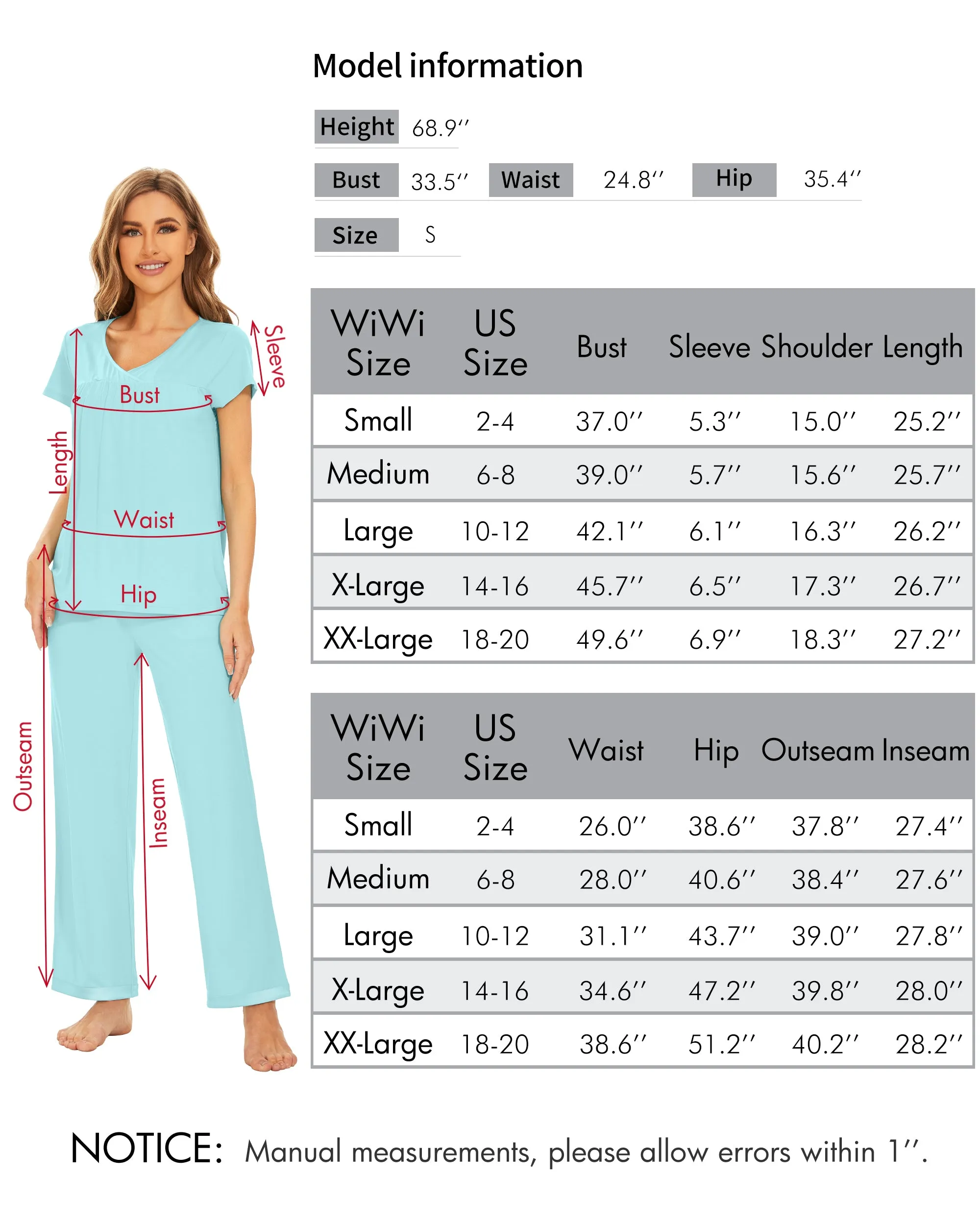 WiWi Short Sleeve with Full Length Pants Pjs for Women