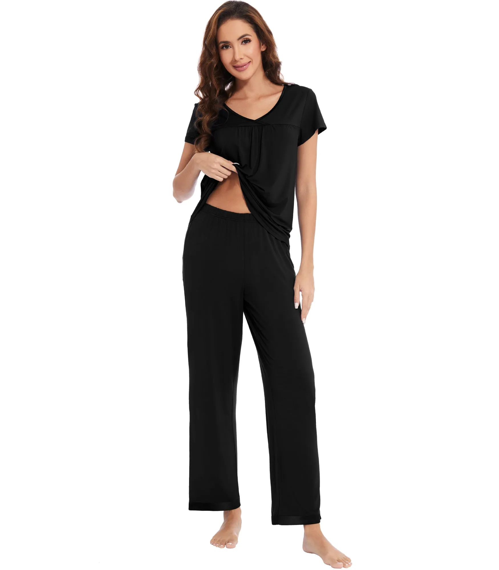 WiWi Short Sleeve with Full Length Pants Pjs for Women