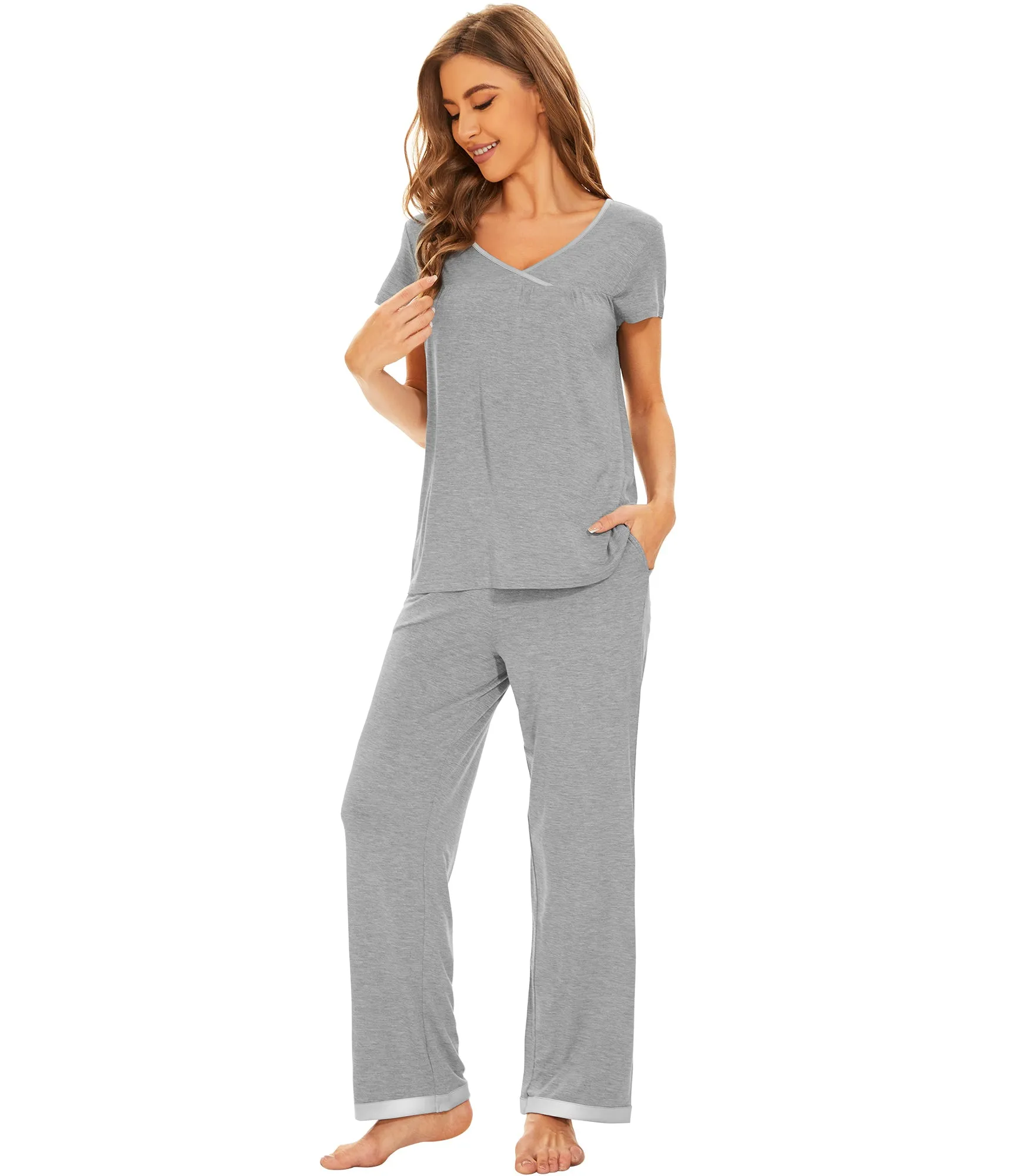WiWi Short Sleeve with Full Length Pants Pjs for Women