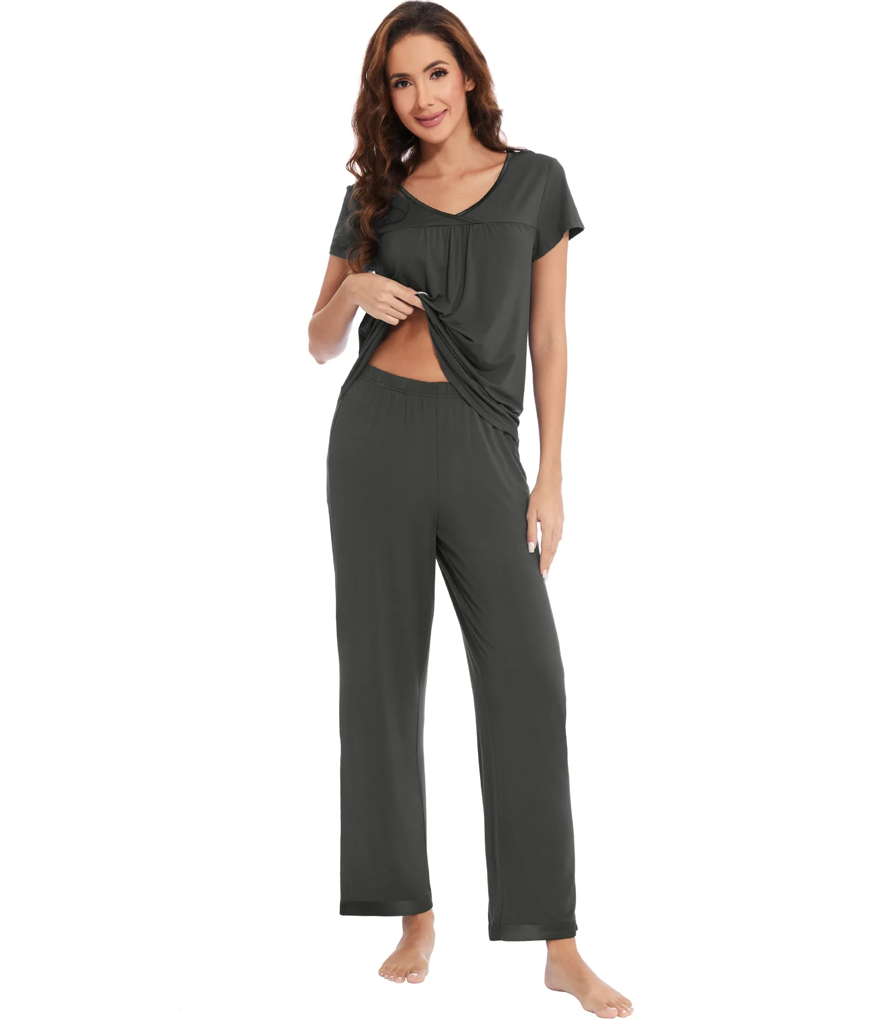 WiWi Short Sleeve with Full Length Pants Pjs for Women