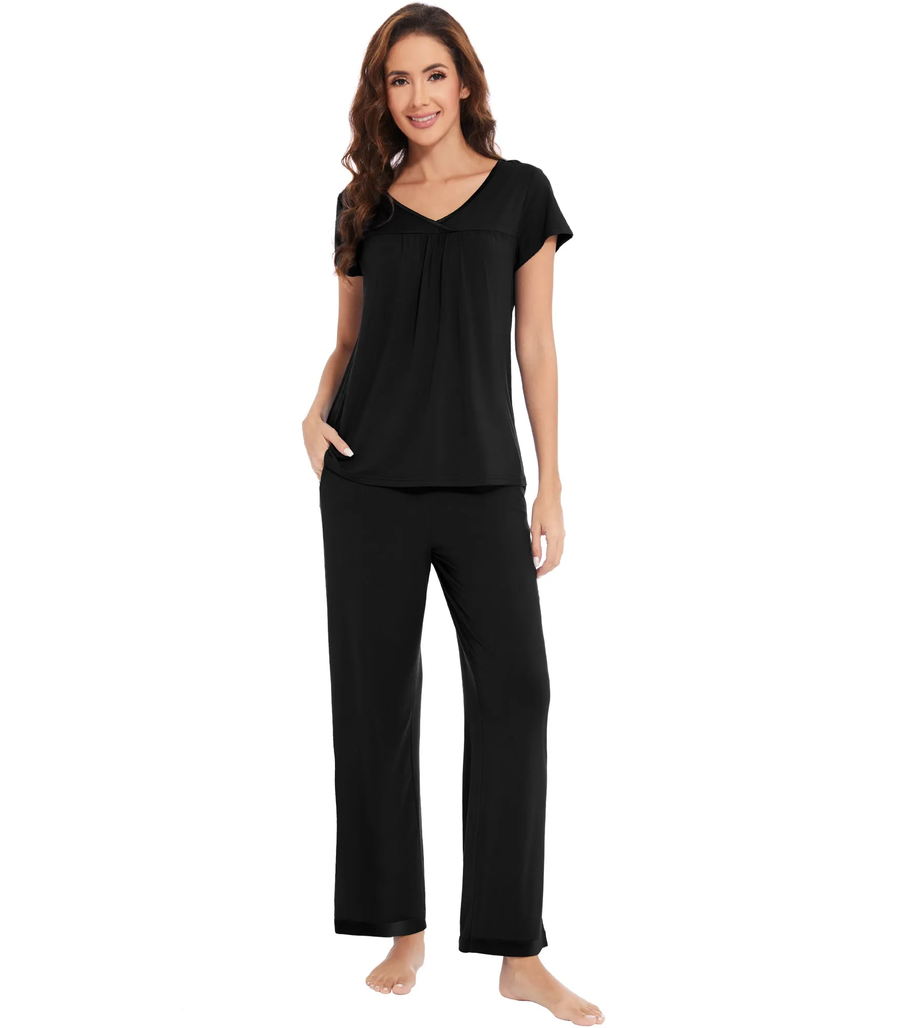 WiWi Short Sleeve with Full Length Pants Pjs for Women