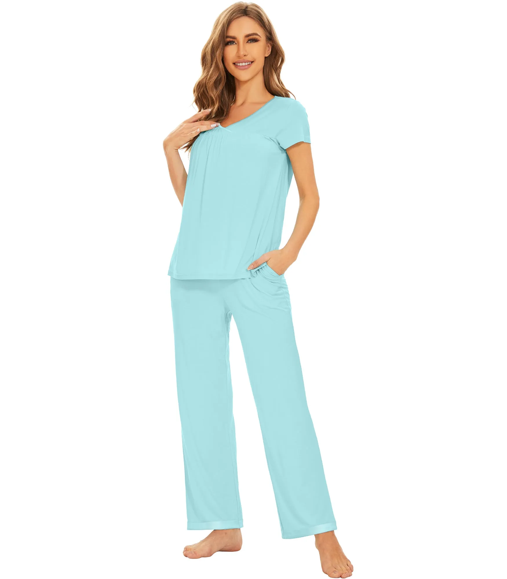 WiWi Short Sleeve with Full Length Pants Pjs for Women