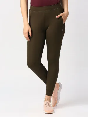 Women Olive Green Solid Slim Fit Joggers - ZIP TRACK DRYKNIT-OL