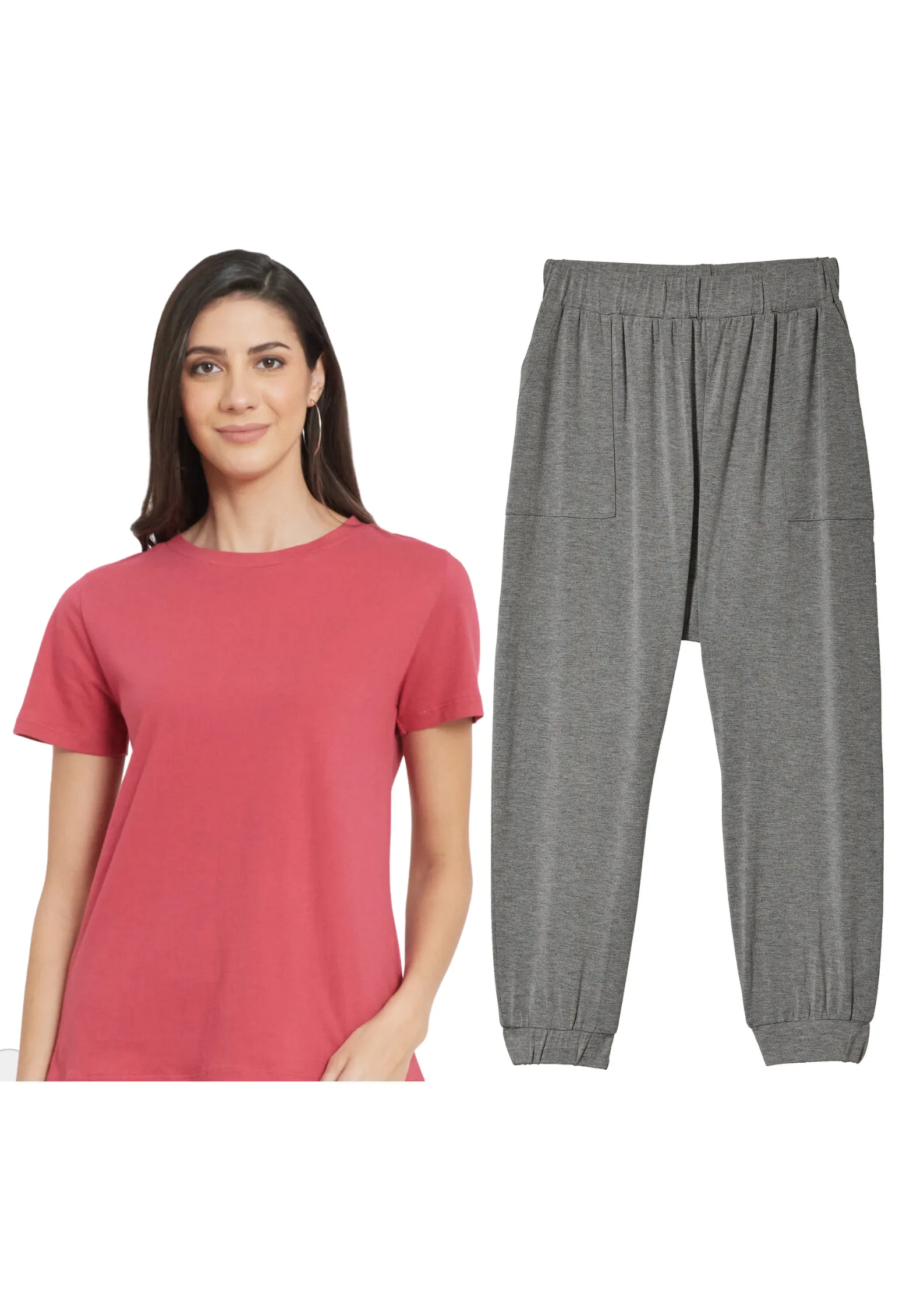 Women Solid Cotton T-shirt With Drapped Jogger (Heather Grey)
