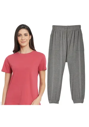 Women Solid Cotton T-shirt With Drapped Jogger (Heather Grey)
