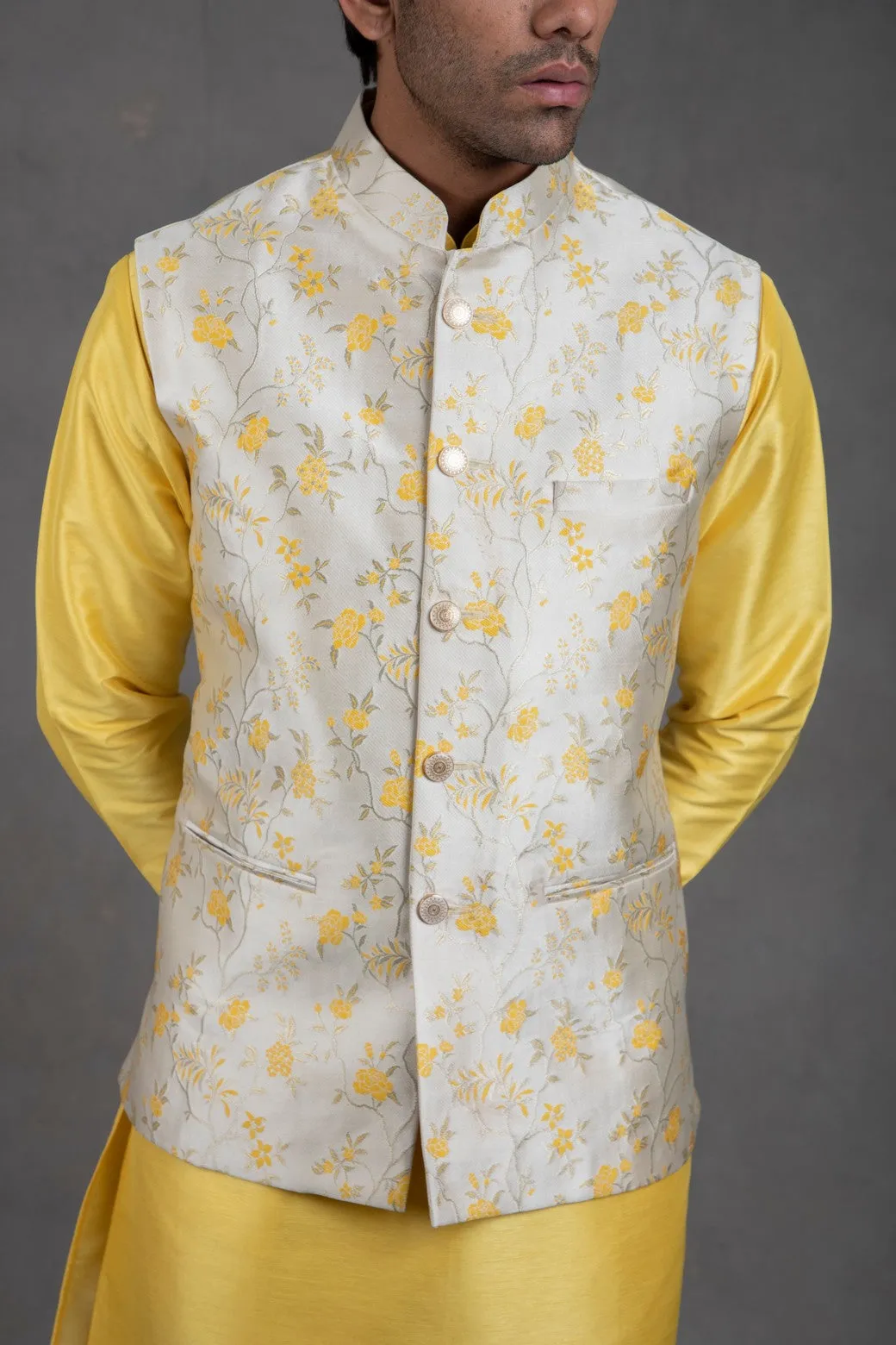Yellow Brocade Floral Printed  Kurta-Jacket Set