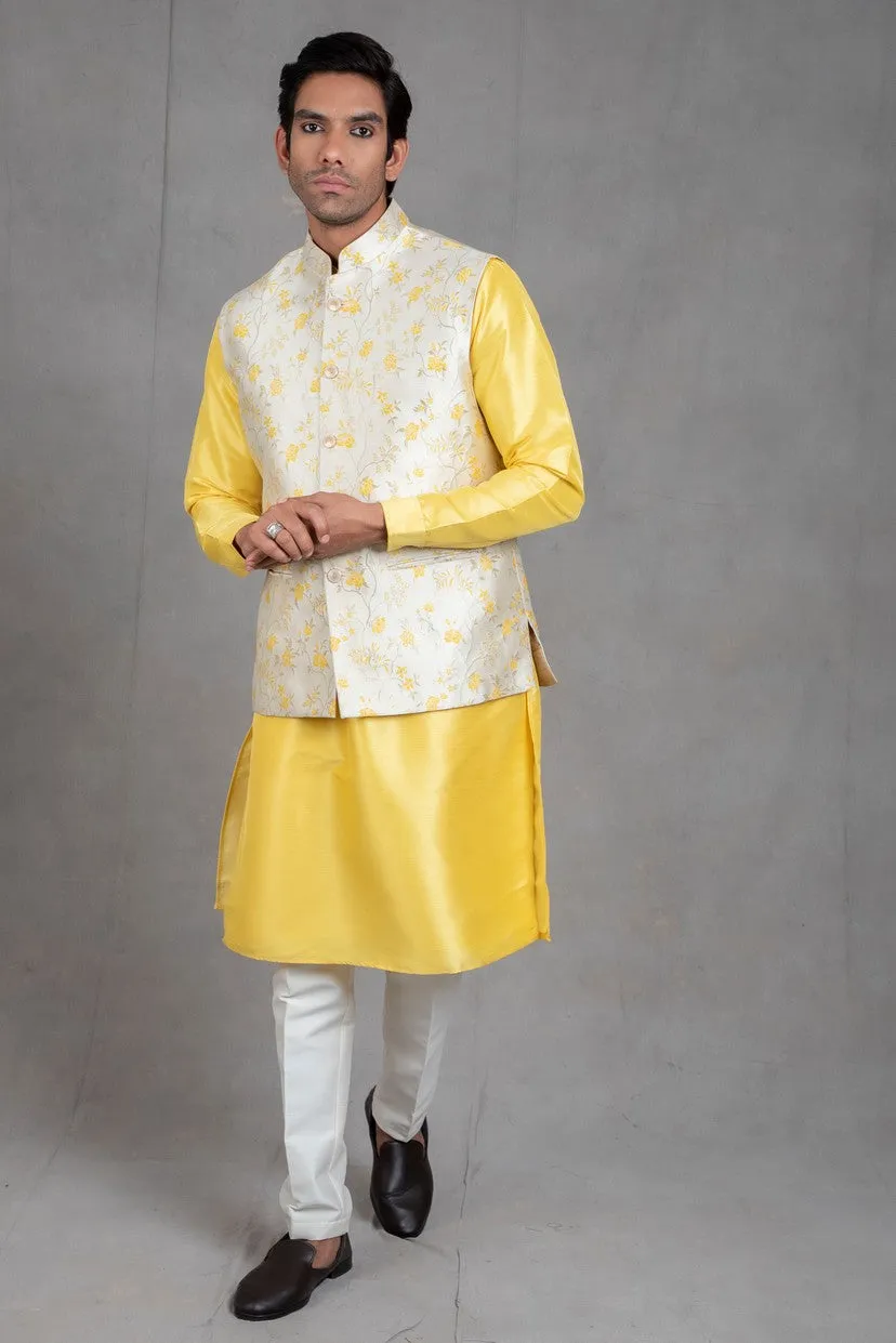 Yellow Brocade Floral Printed  Kurta-Jacket Set