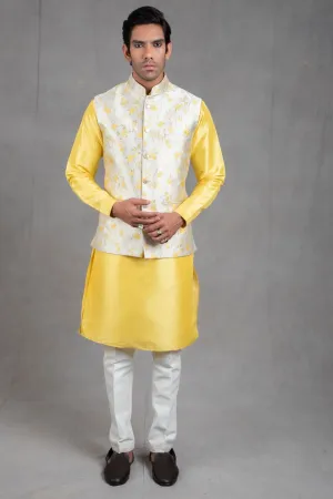Yellow Brocade Floral Printed  Kurta-Jacket Set