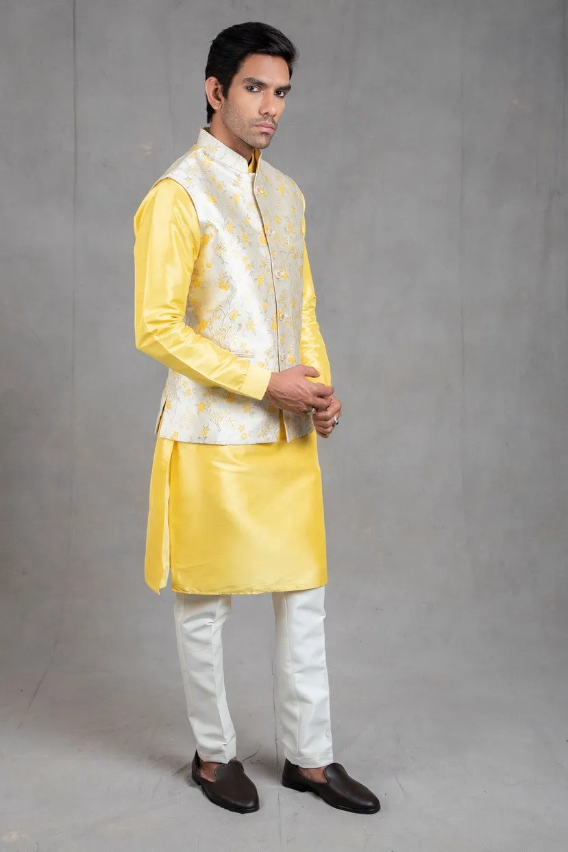 Yellow Brocade Floral Printed  Kurta-Jacket Set