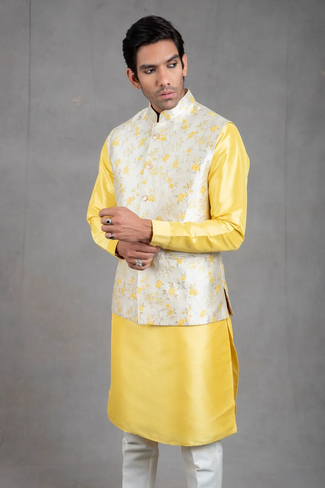 Yellow Brocade Floral Printed  Kurta-Jacket Set