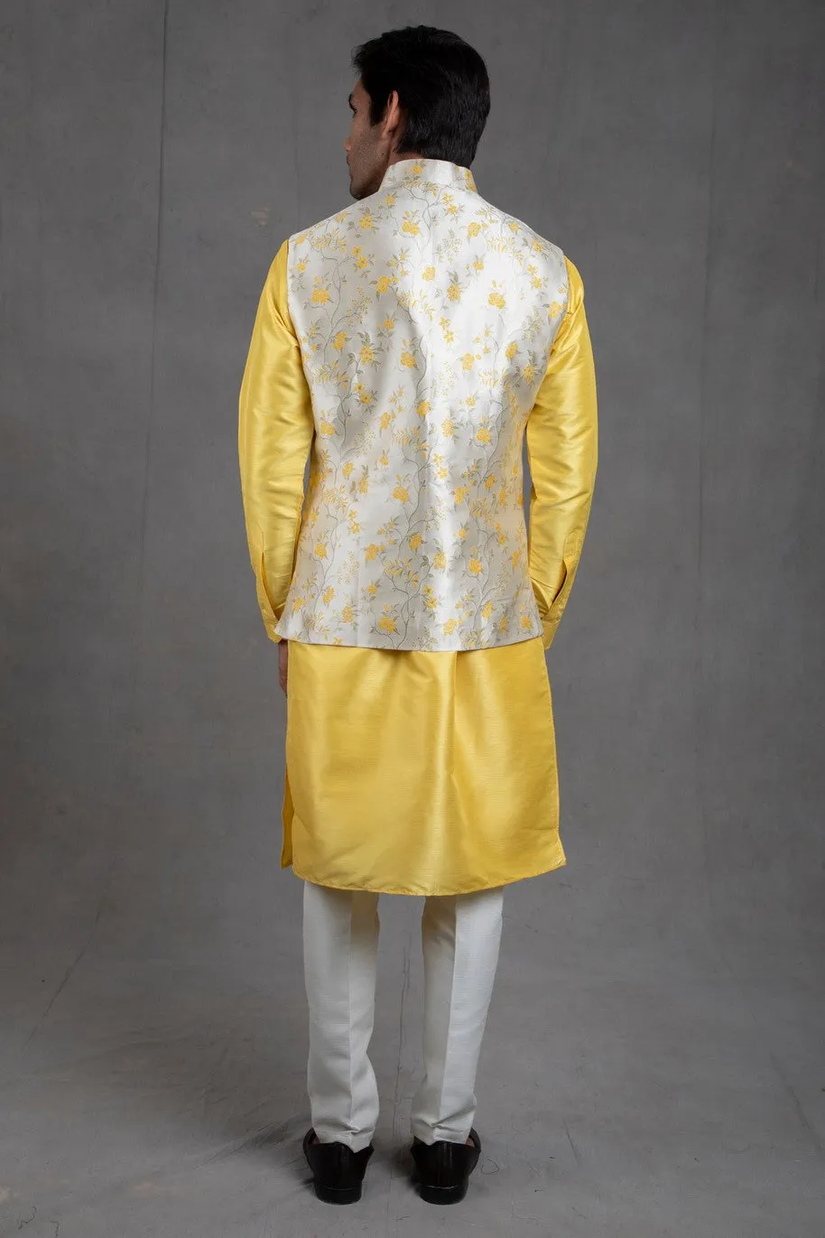 Yellow Brocade Floral Printed  Kurta-Jacket Set