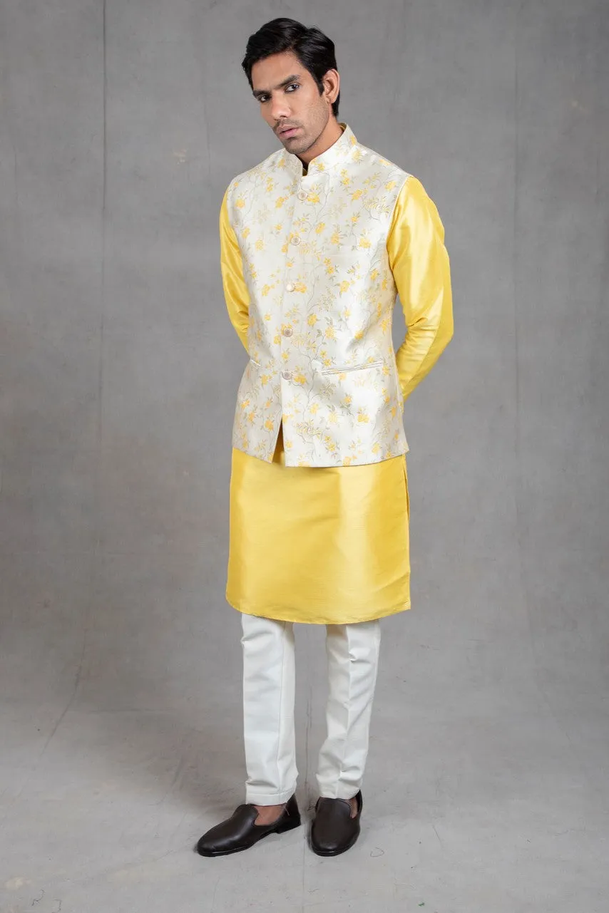 Yellow Brocade Floral Printed  Kurta-Jacket Set